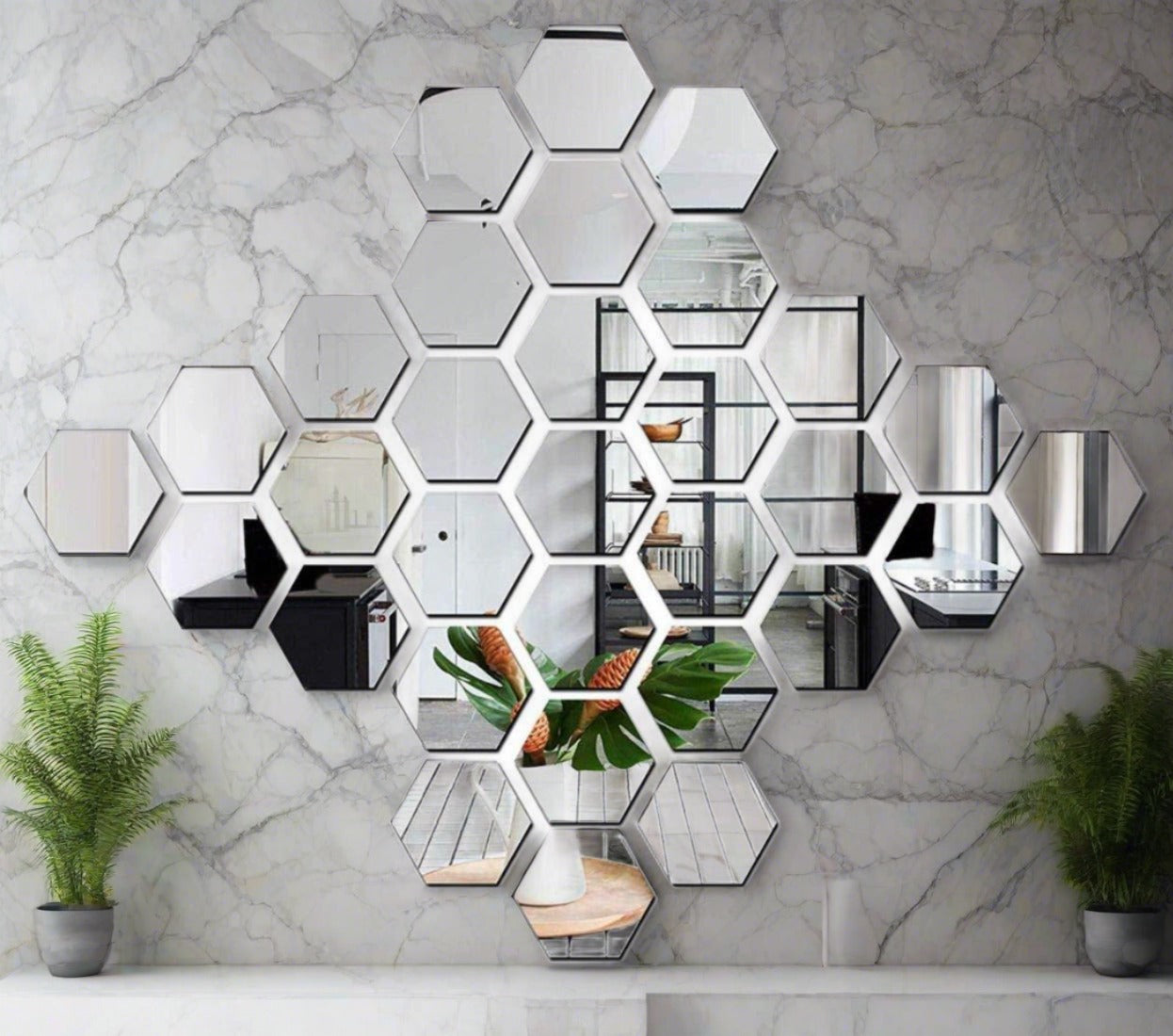 WAFUHS Mirror Stickers For Wall Pack Of 32 Hexagon Silver Color Flexible Mirror Size (10x12)Cm Each Hexagon