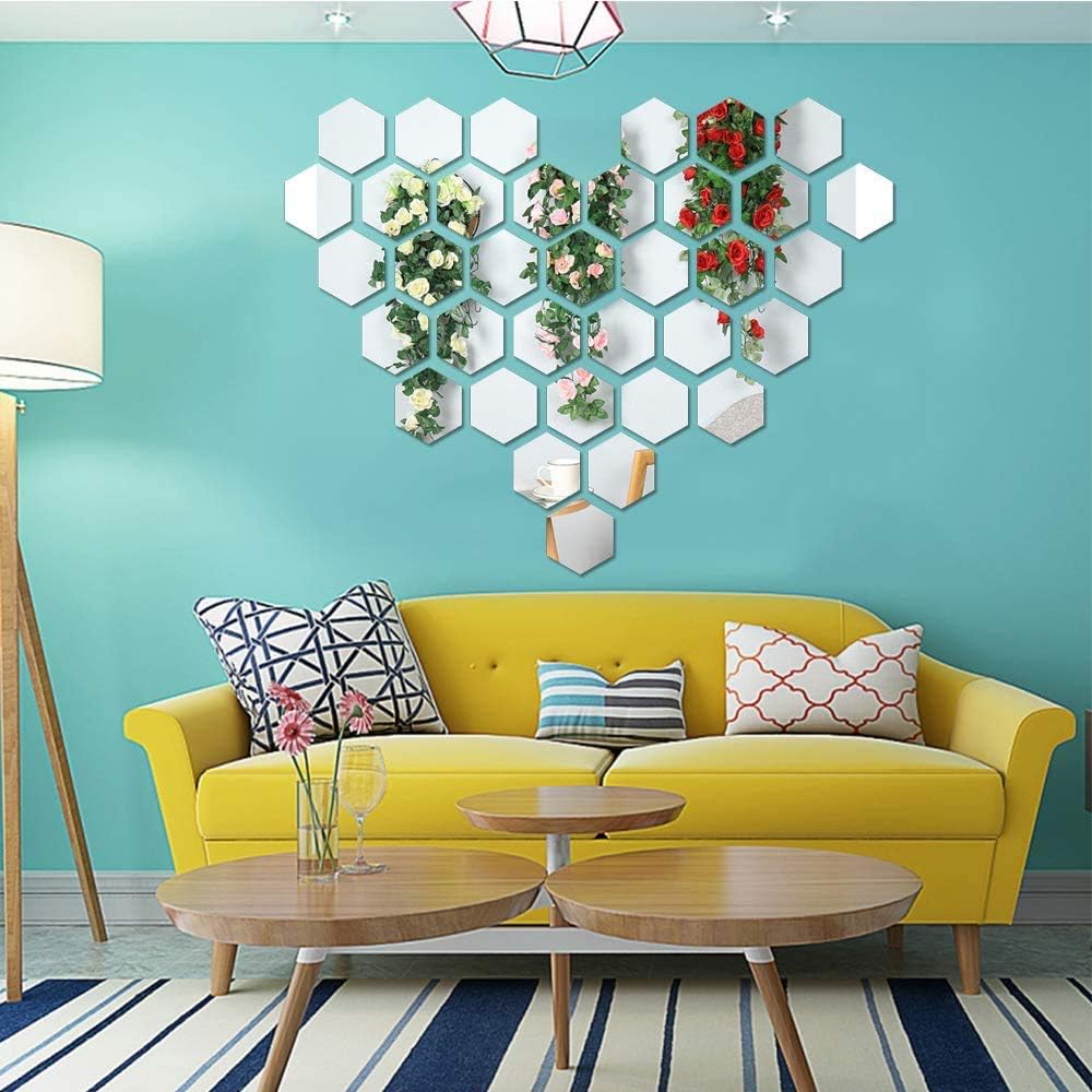 WAFUHS Mirror Stickers For Wall Pack Of 32 Hexagon Silver Color Flexible Mirror Size (10x12)Cm Each Hexagon